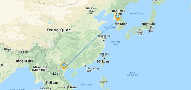 Khoảng cách từ Việt Nam đến Hàn Quốc